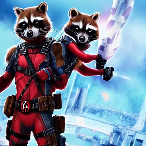 Image similar to rocket raccoon and deadpool together digital art 4 k detailed super realistic