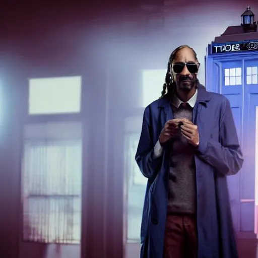 Image similar to snoop dogg as a rough dirty old man with a scruffy beard in a dark blue trenchcoat as the new doctor who, cinematic, volumetric lighting, f 8 aperture, cinematic eastman 5 3 8 4 film, photorealistic