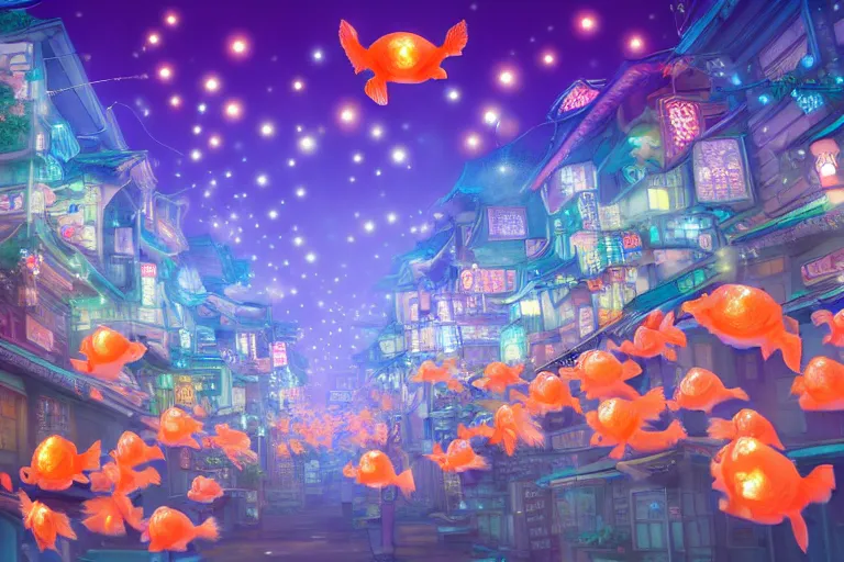 Image similar to fantasy art of a school of glowing goldfish swimming in the air, in the streets of a japanese town at night, with children outside watching in wonder, in the style of studio ghibli and makoto shinkai, highly detailed digital art, trending on artstation