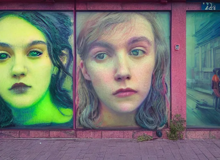 Image similar to people made of plastic and clay, neon advertisements, 3 d, exterior street, portrait face, dappled light, in the style of jeremy enecio, miles johnston, monet, cynical realism, yoshitaka amano, louise zhang, matt murphy, enes dirig, pekka halonen, finnish naturalism, realism