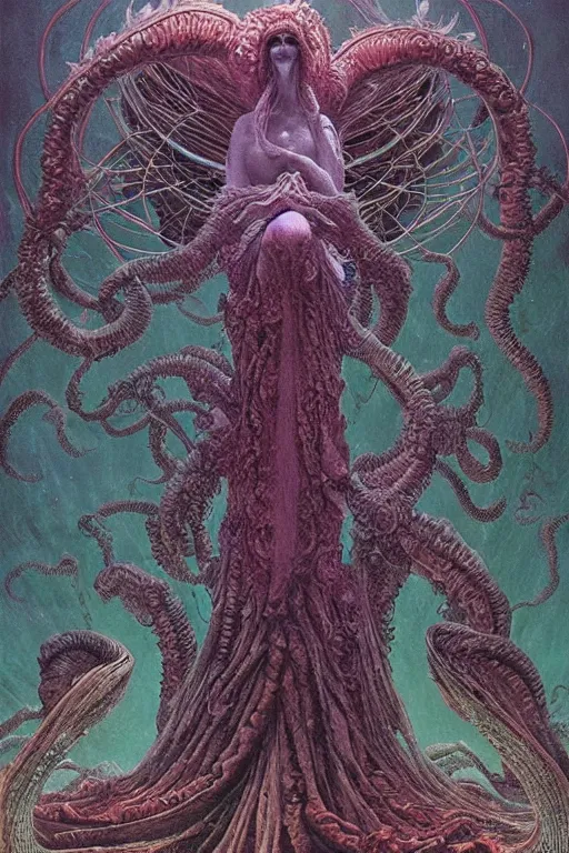 Prompt: cosmic horror eldritch lovecraftian the emerald queen of feathers by wayne barlowe, agostino arrivabene, denis forkas