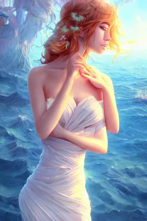 Image similar to a beautiful fashion goddness of love, chic strapless dress, tropical sea background, character design, in the style of artgerm, and wlop, cinematic lighting, hyperdetailed, 8 k realistic, symmetrical, global illumination, radiant light, frostbite 3 engine, cryengine, dof, trending on artstation, digital art