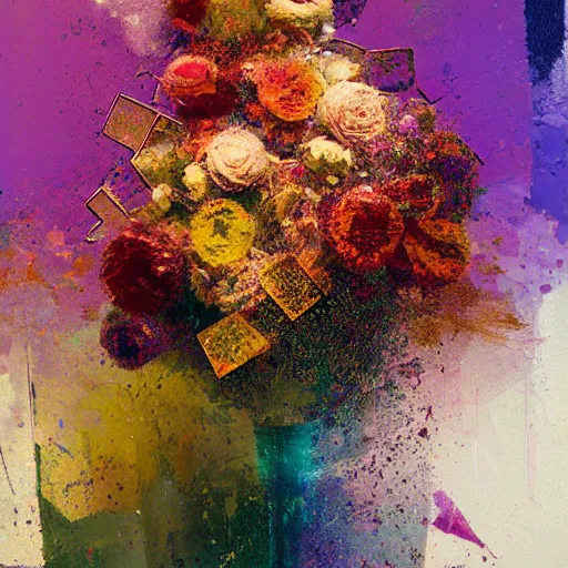Image similar to a beautiful glitched abstract geometric painting by robert proch and robert heindel of a bouquet of flowers, color bleeding, pixel sorting, copper oxide and rust materials, brushstrokes by jeremy mann, cold top lighting, pastel purple background