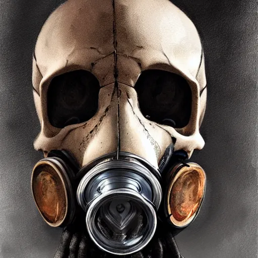 Image similar to a portrait painting of a skull wearing a gasmask, digital painting, hyper realistic, very detailed, in the style of greg rutkowski,