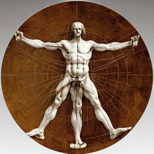 Image similar to Da Vinci's Vitruvian Man as a marble sculpture by Michelangelo, 4k, hyper realistic, detailed, accurate anatomy, four legs, four arms, octane render, well lit studio lighting, unreal engine