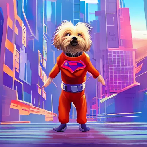 Prompt: cream colored havanese dog dressed as a super hero, tight shot, futuristic city, daytime, bright colors, highly coherent, saga comic, graphic novel, fiona staples