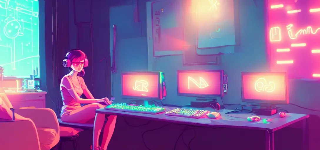 Image similar to a woman sitting in front of screens, gamer, computer nerd, cute room, neon lights, gamer aesthetic, lofi vibes, strong crisp lineart and flat color, by ilya kuvshinov, krenz cushart, Greg Rutkowski, trending on artstation