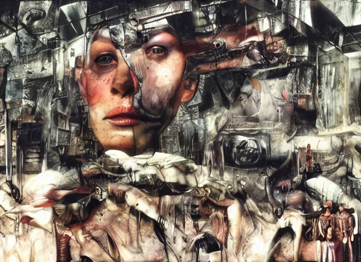 Image similar to wild underground scene from a 7 0's movie by chris cunningham, kenneth anger and alejandro jodorowsky : : surreal dream scene of actresses turning into animals in urban setting : : close - up, concept art, painting by enki bilal, tim walker, adrian ghenie 4 k