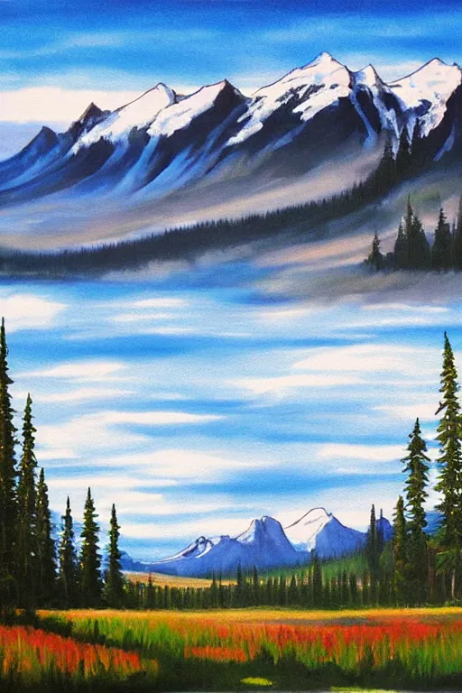 Prompt: bob ross painting of alberta canada