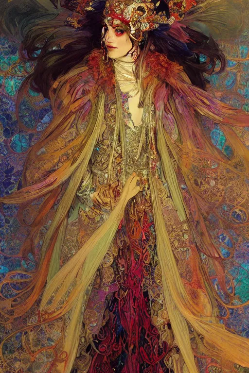 Prompt: a beautifull intricate painting of a beatifull woman wearing a feathered cloak surrounded by ornate tendrils, flying silk, vivid colors, hyper detailed, artstation, by jeremy mann, by alphonse mucha, by gustave dore