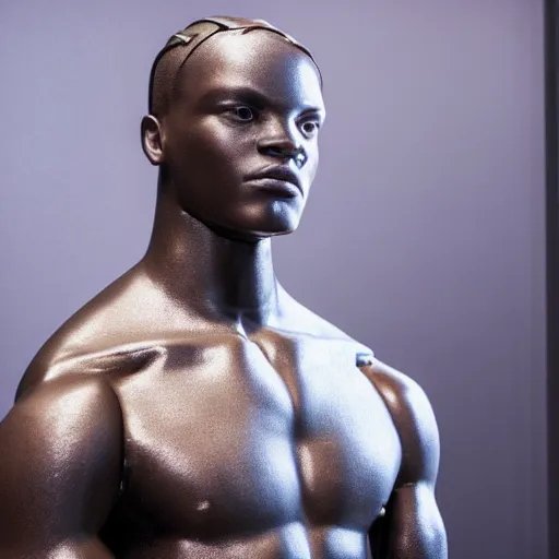 Image similar to a realistic detailed photo of a guy who is an attractive humanoid who is half robot and half humanoid, who is a male android, boxer and youtuber ksi, shiny skin, posing like a statue, blank stare, at the museum, on display