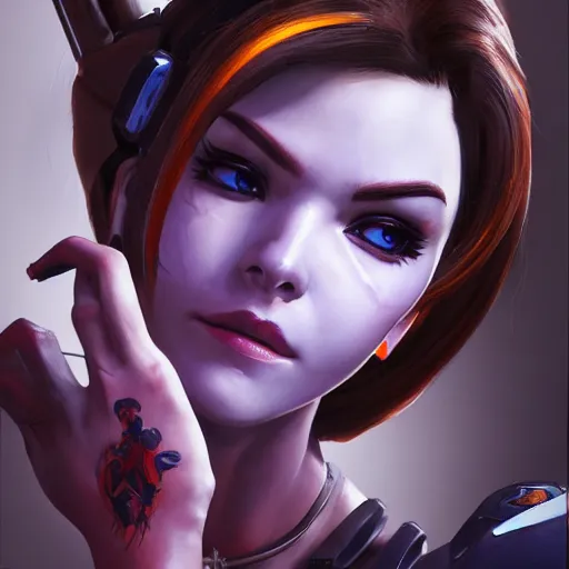 Image similar to detailed portrait of overwatch widowmaker intricate, hyper detailed, realistic, oil painting, cinematic lighting