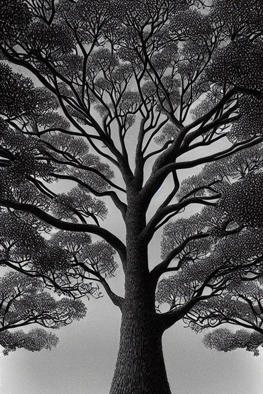 Image similar to a tree with a pompom shaped canopy viewed from a low angle, digital illustration by chris van allsburg and artgerm, intricate details, surreal, photorealistic, award winning