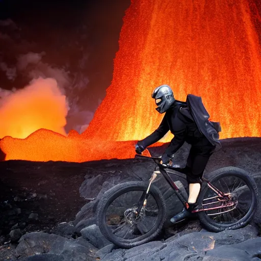 Prompt: darth vader riding a mountain bike through an active volcano