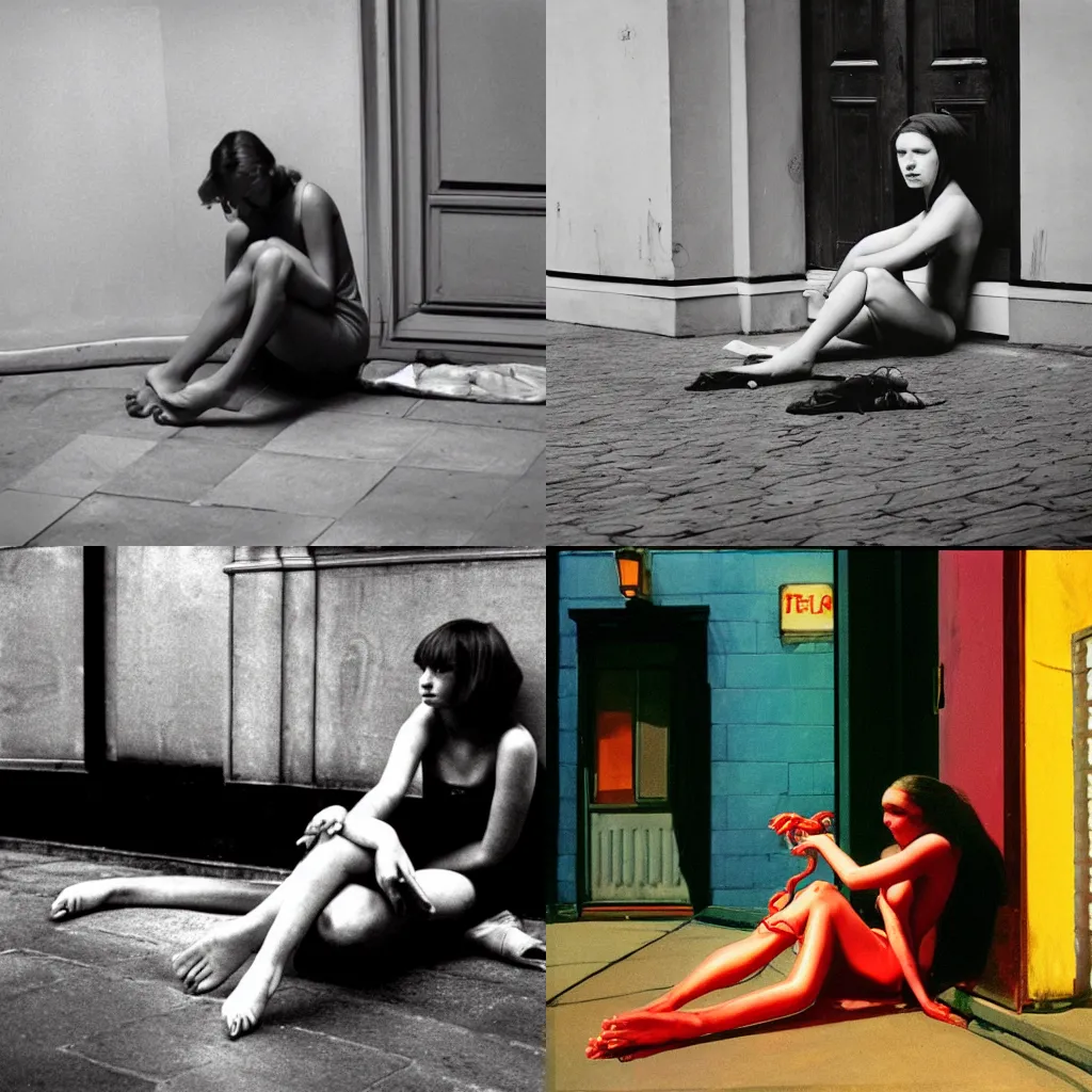 Prompt: a sad girl with octopus tentacles instead of limbs sitting on the floor, photograph by Wim Wenders and Edward Hopper