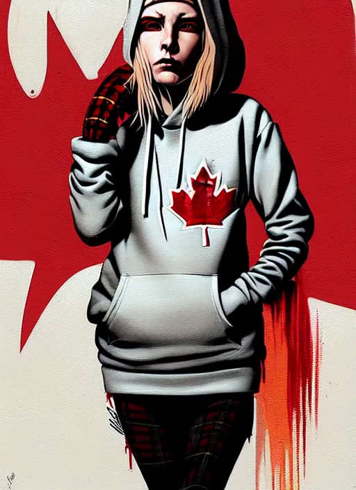 Image similar to highly detailed portrait of a sewer punk canadian lady, tartan hoody, white hair by atey ghailan, by greg rutkowski, by greg tocchini, by james gilleard, by joe fenton, by kaethe butcher, gradient red, brown, blonde cream and white color scheme, grunge aesthetic!!! ( ( graffiti tag wall background ) )