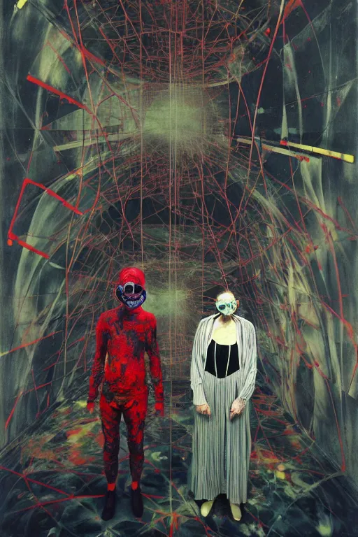 Image similar to the physical impossibility of death, two skinny old people wearing gas masks inside a brutalist designed space ship, gothic, rich deep colours, painted by francis bacon, adrian ghenie, james jean and petra cortright, part by gerhard richter, part by takato yamamoto. 8 k masterpiece