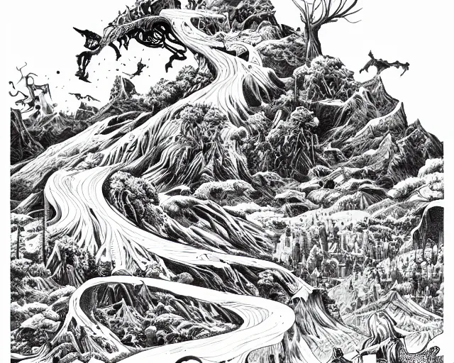 Prompt: impressive fantasy landscape, beautiful line art, ink illustration, pure b&w, engraving illustration, sticker art