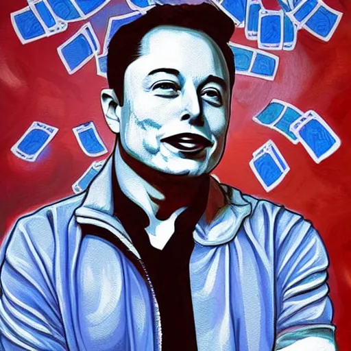 Image similar to painting of Elon Musk swimming in money