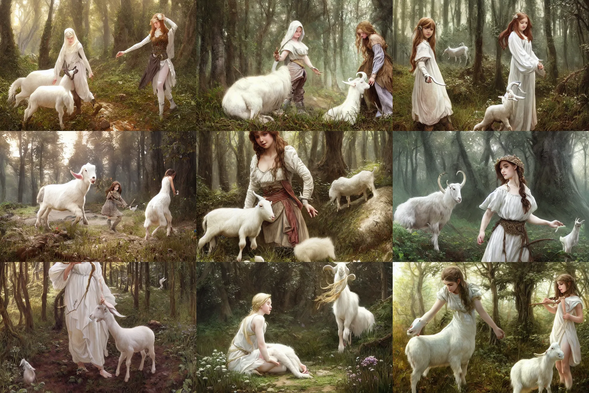 Prompt: Ultra realistic illustration, medieval girl playing with a white goat in the forest, muddy groundm fantasy, intricate, elegant, highly detailed, digital painting, artstation, concept art, smooth, sharp focus, illustration, art by artgerm and greg rutkowski and alphonse mucha