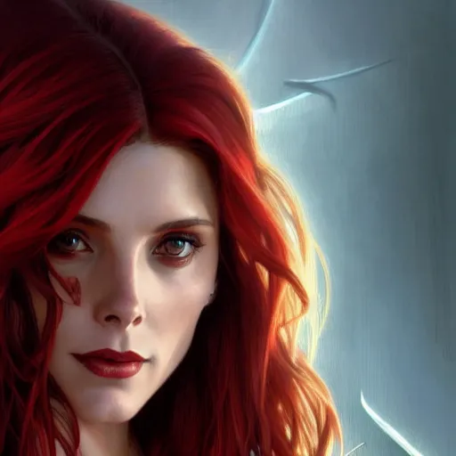 Image similar to Ashley Greene with red hair as Scarlet Witch, western, D&D, fantasy, intricate, elegant, highly detailed, digital painting, artstation, concept art, matte, sharp focus, illustration, art by Artgerm and Greg Rutkowski and Alphonse Mucha