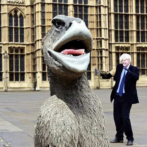 Prompt: a stone sculpture of boris johnson riding an ostrich outside the houses of parliament