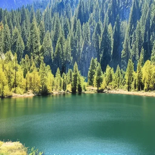 Prompt: beautiful lake in a valley in the sierra nevada mountains