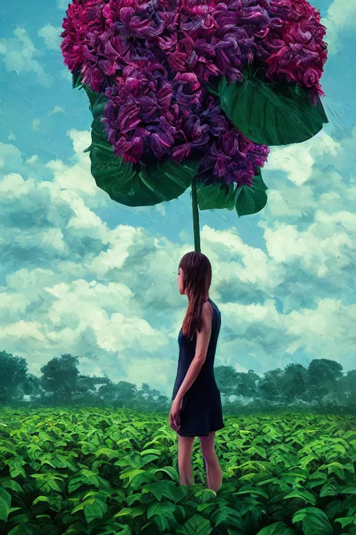 Prompt: closeup, giant flowers head, girl standing between monsteras, surreal photography, wind and cold, dramatic sky, impressionist painting, digital painting, artstation, simon stalenhag