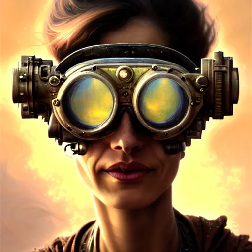 Prompt: closeup portrait shot of a glitched woman wearing steampunk goggles in a sandstorm, highly detailed, centered, digital painting, artstation, concept art, sharp focus, illustration, artgerm, tomasz alen kopera, peter mohrbacher, donato giancola, joseph christian leyendecker, wlop, boris vallejo