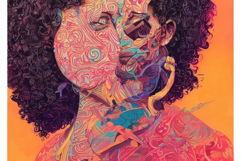Image similar to a hispanic girl with medium length curly hair, and a short - bearded mixed race man with short curly hair, tristan eaton, victo ngai, artgerm, rhads, ross draws