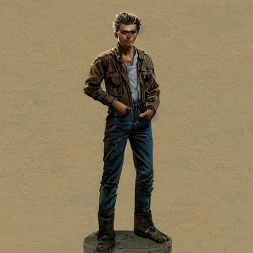 Image similar to a highly detailed epic cinematic concept art CG render digital painting artwork costume design: young James Dean as a well-kept neat anarchist rebel in 1950s USSR mechanic overalls and big boots. By Greg Rutkowski, Ilya Kuvshinov, WLOP, Stanley Artgerm Lau, Ruan Jia and Fenghua Zhong, trending on ArtStation, subtle muted cinematic colors, made in Maya, Blender and Photoshop, octane render, excellent composition, cinematic atmosphere, dynamic dramatic cinematic lighting, aesthetic, very inspirational, arthouse