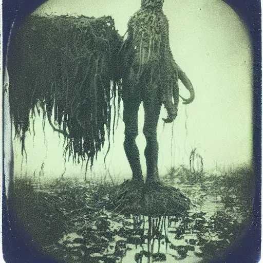 Image similar to creepy lovecraftian monster in swamp, 1910 Polaroid photo