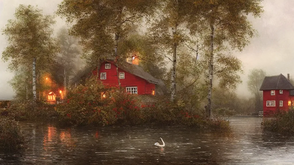 Image similar to small red wooden cottage by the lake, lanterns in the front of the cottage, smoke coming out of the chimney, dusk, birch trees, tranquility, two swans swimming in the lake, a rowing boat, by Greg Rutkowski, by Charlie Bowater