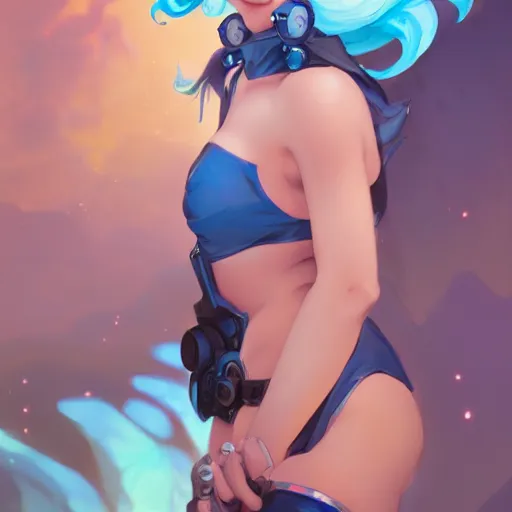 Image similar to beautiful girl portrait with blue hair wearing a bikini, symmetrical face, character concept, character concept art, by Peter Mohrbacher and Alphonse Mucha, overwatch, weapon, detailed, style, 8k, trending on artstation, unreal