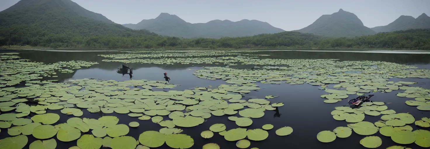 Prompt: A large combat robot lies in the shallow waters of a lake in front of a giant mountain at sun dawn, water lilies float on the surface of the water