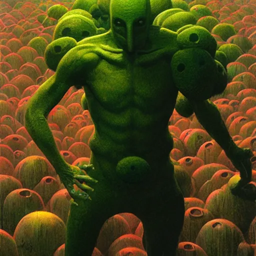 Image similar to Angry Green Man surrounded by blocks of Swiss cheese, dark fantasy, artstation, painted by Zdzisław Beksiński and Wayne Barlowe