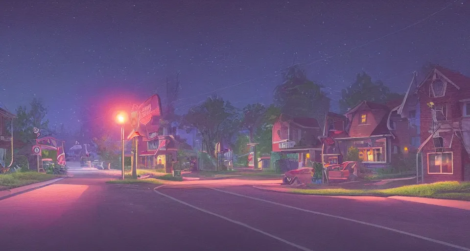 Image similar to a quaint suburban street at night inspired by simon stalenhag