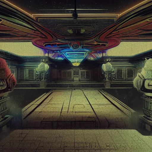 Image similar to ancient palace floating in the space, retrowave epic art, trending on art station