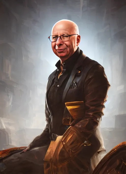 Image similar to an epic fantasy comic book style portrait painting of Klaus Schwab, unreal 5, DAZ, hyper realistic, octane render, dynamic lighting