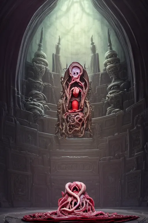 Image similar to a highly detailed matte painting of an illithid presenting an offering inside an expansive throne room with an enormous empty throne made of writhing flesh and entrails by studio ghibli, makoto shinkai, by artgerm, by wlop, by greg rutkowski, red tones, volumetric lighting, octane render, 4 k resolution, trending on artstation, masterpiece