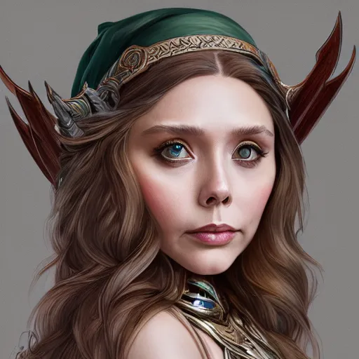 Image similar to Elizabeth Olsen as a elf archer, cute, fantasy, intricate, elegant, highly detailed, centered, digital painting, artstation, concept art, smooth, sharp focus, illustration, art by artgerm and H R Giger and alphonse mucha