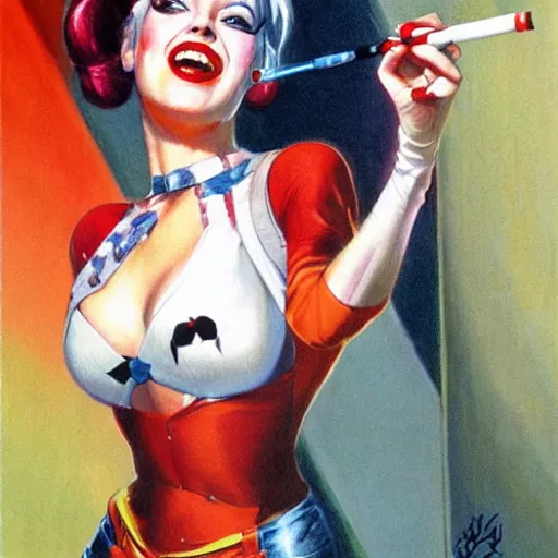 Image similar to Harley Quinn holding cigarette, artwork by Earl Norem,