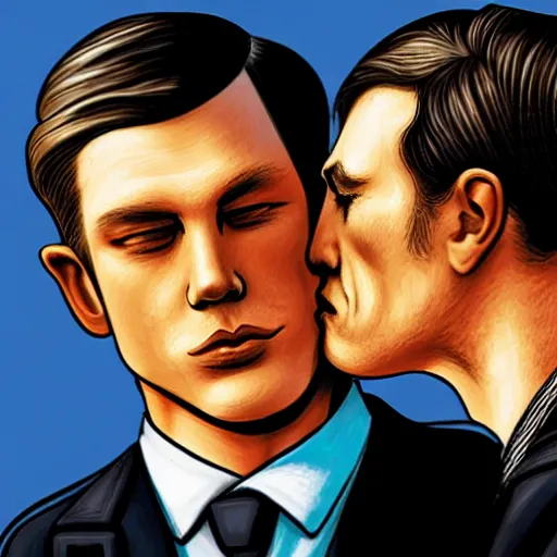 Image similar to benjamin netanyahu kissing tommy shelby, photorealistic, detailed