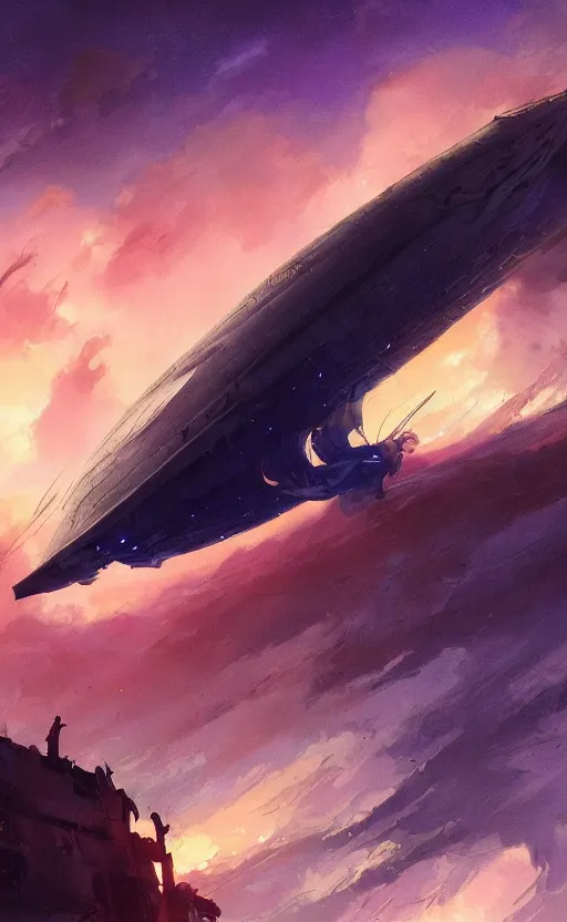 Prompt: a beautiful artwork illustration, concept art sketch of a an airship in a galactic nebula at sunset, volumetric fog, godrays, high contrast, high contrast, high contrast, vibrant colors, vivid colors, high saturation, by Greg Rutkowski and Jesper Ejsing and Raymond Swanland and alena aenami, featured on artstation, wide angle, vertical orientation