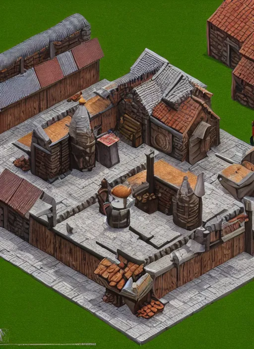 Image similar to isometric medieval bakery building, unreal engine render, 8 k