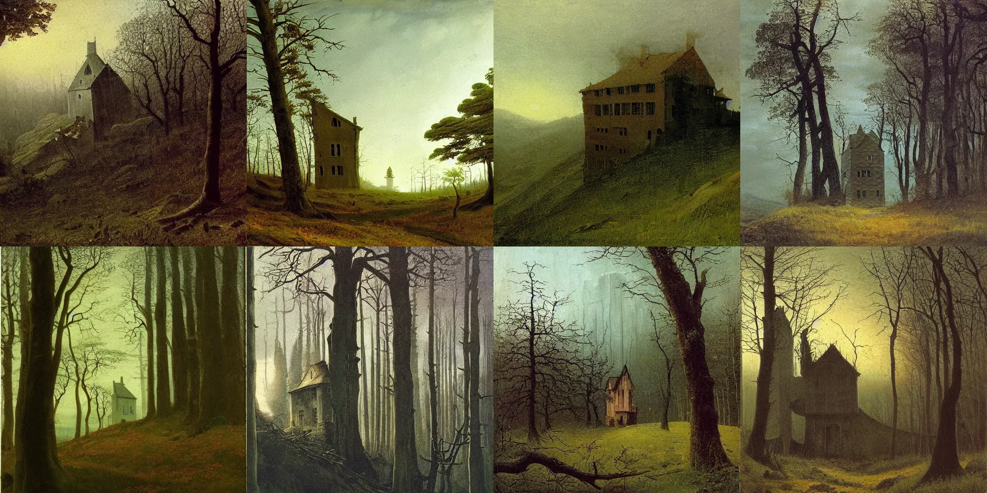 Prompt: A painting by Caspar David Friedrich of a scary house in the forest