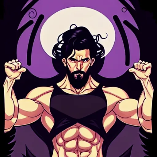 Image similar to a chad with wavy black hair and a beard. muscular. godlike. tank top. using a computer, comic cover art, artgerm, joshua middleton, pretty stella maeve witch doing black magic, serious look, purple dress, symmetrical eyes, symmetrical face, long black hair, full body, twisted evil dark forest in the background, cool colors