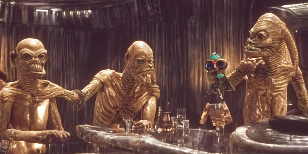 Prompt: still of two aliens having a drink in Mos Eisley Cantina in Star Wars (1977).