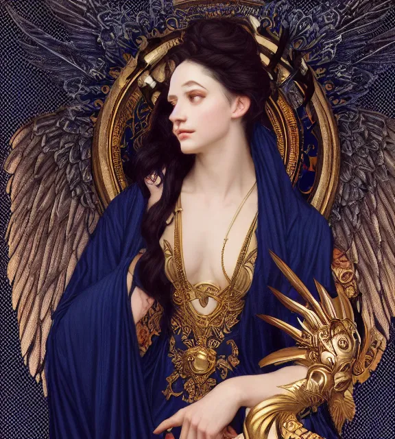 Image similar to god of death, young male, in the underworld, elegant dark blue dress, very detailed, throne, very intricate details, jewelry, gold eyeshadow, elaborate long black hairstyle, wings, cinematic, artstation, william bouguereau, alphonse mucha, greg rutkowski, rossdraws, octane render