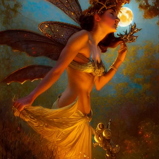 Image similar to attractive fairy queen fly high in the night, fantasy, full moon in background. hyper detailed painting by gaston bussiere, craig mullins, j. c. leyendecker, mid shot, 8 k, cryengone, cinematic lighting, beautiful,